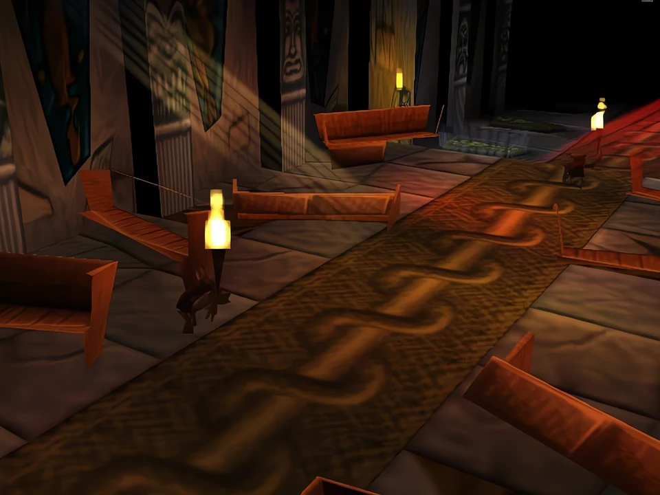 MediEvil (PS1) – The Hilltop Mausoleum (3) The halls of the mausoleum, illuminated by torch – level The Hilltop Mausoleum in MediEvil (PS1)