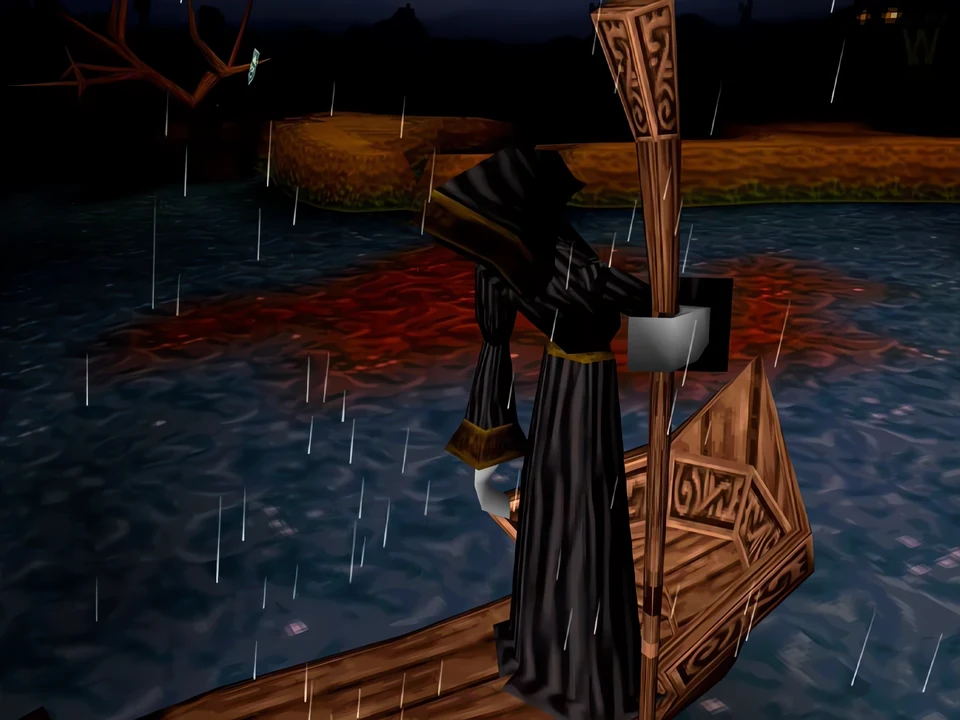MediEvil (PS1) – Pools of the Ancient Dead (2) The passer, Death himself, on his boat – level Pools of the Ancient Dead in MediEvil (PS1)