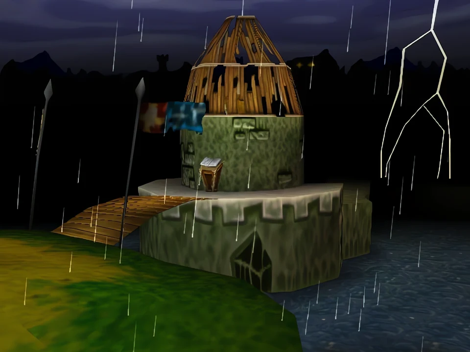 MediEvil (PS1) – Pools of the Ancient Dead (3) A stone tower battered by the rain – level Pools of the Ancient Dead from MediEvil (PS1)