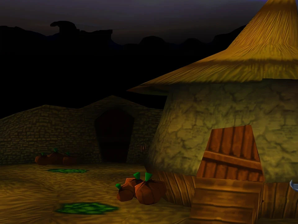 MediEvil (PS1) – Pumpkin Gorge (2) A log cabin at the bottom of the ravine – level Pumpkin Gorge in MediEvil (PS1)