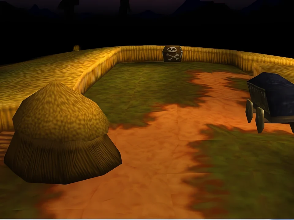 MediEvil (PS1) – Scarecrow Fields (2) Sawdust piles and a cart amidst the fields – the Scarecrow Fields level of MediEvil (PS1)