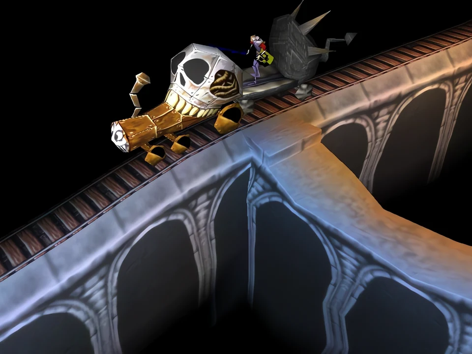 MediEvil (PS1) – Zarok's Lair (3) A skull-shaped tank launched onto a bridge – level Zarok's Lair in MediEvil (PS1)