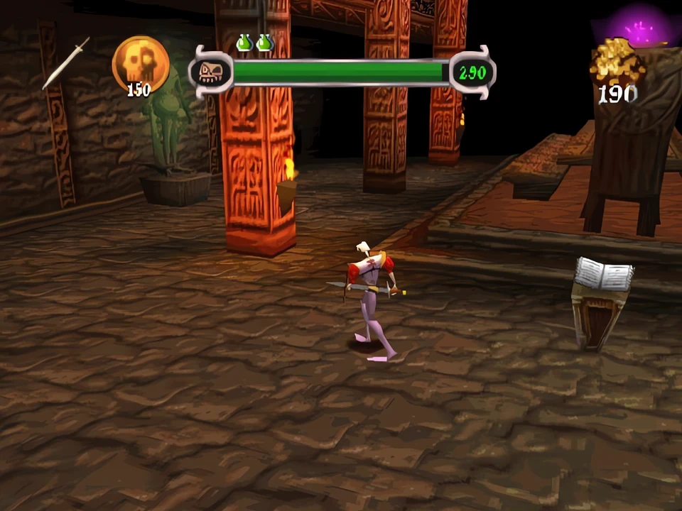MediEvil PS1: a temple with red columns Sir Daniel walks through a room with carved red columns in MediEvil on PS1