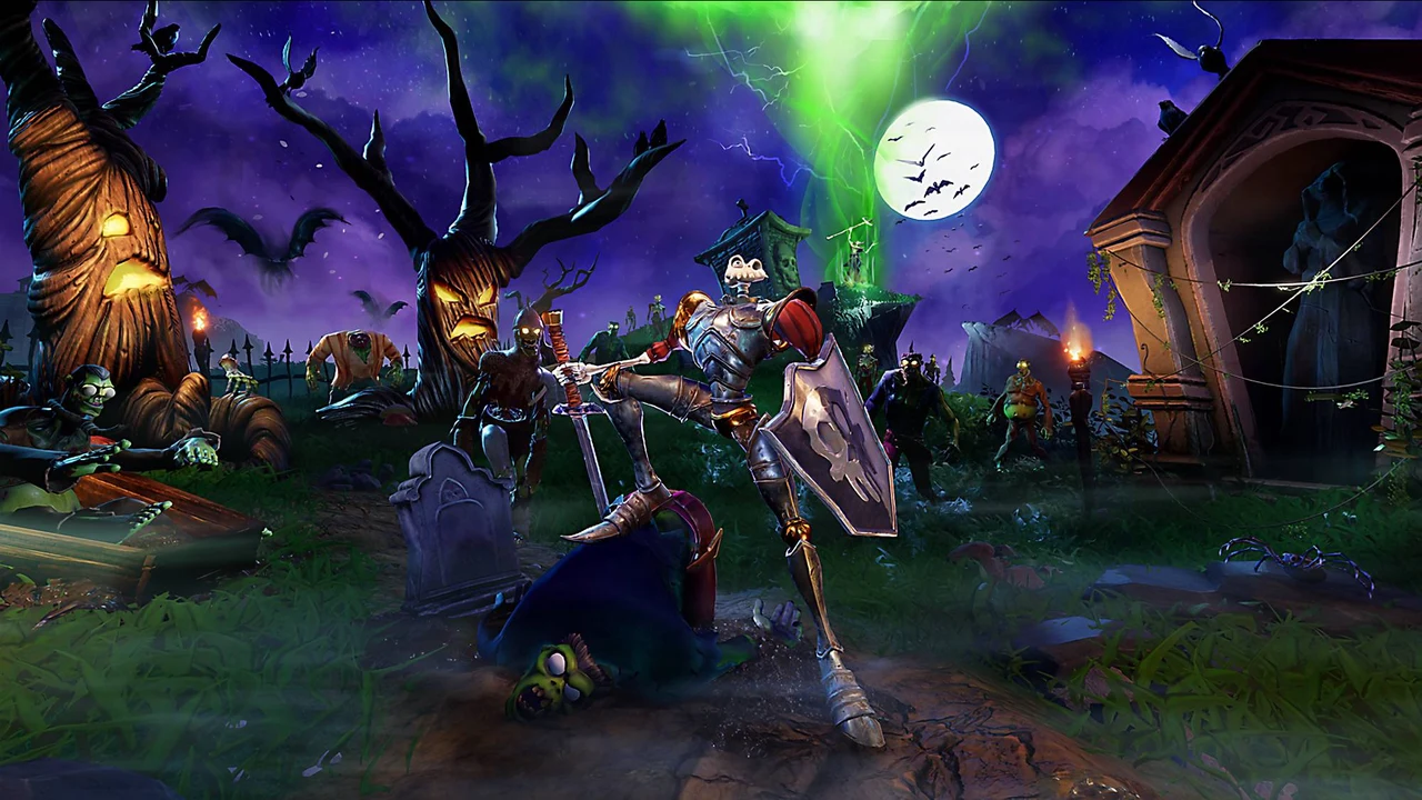 MediEvil (PS4, 2019) – illustration of the remake Illustration of the PS4 remake of MediEvil: Sir Daniel in armor in the cemetery