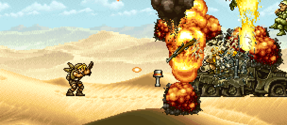 Marco faces a burning vehicle in the dunes of the Desert of Metal Slug 3 on the Neo Geo