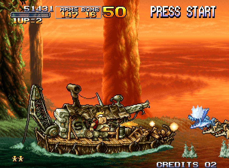 Marco fires from an armored boat into a river at sunset in Metal Slug 3 on the Neo Geo