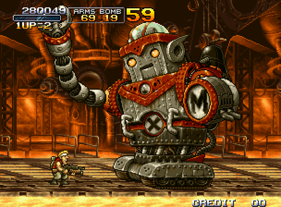A soldier faces off against a giant mechanical boss in Metal Slug 3 on the Neo Geo