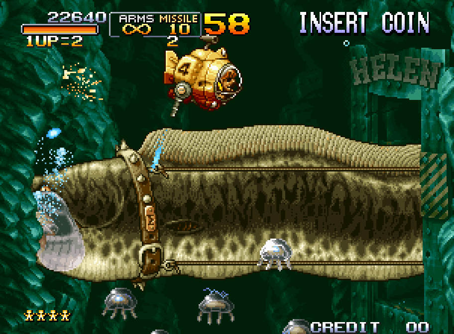 Marco's submarine faces a giant fish in the deep sea in Metal Slug 3