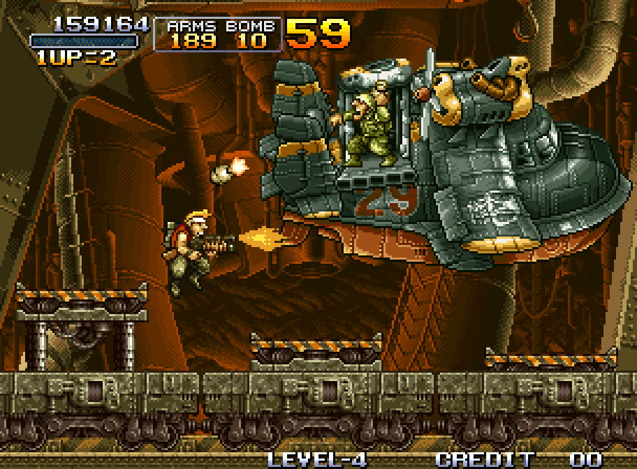 A soldier faces off against a huge tank in a Metal Slug fortress on the Neo Geo