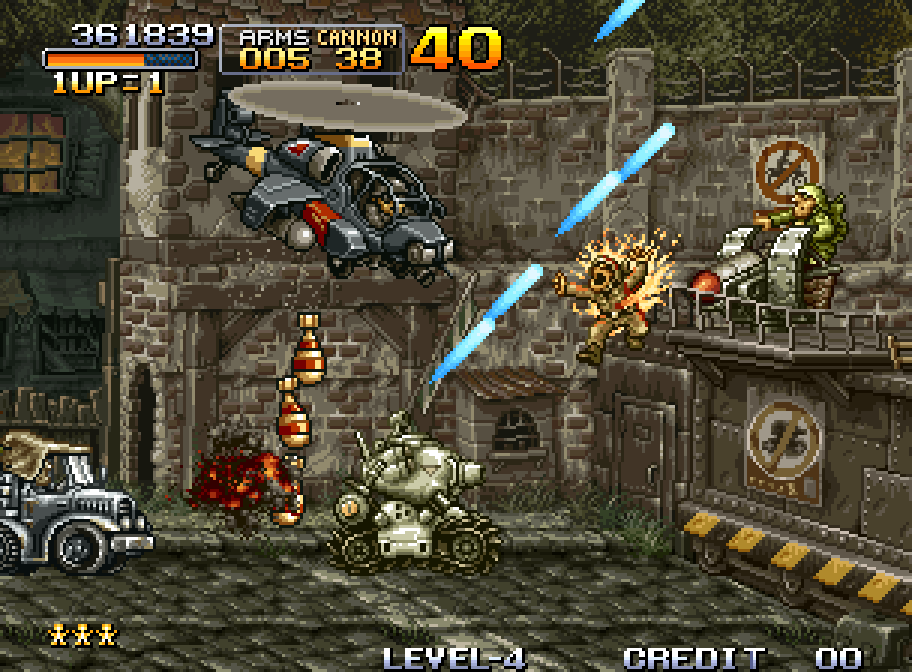 Marco shoots at an enemy helicopter in a ruined city in Metal Slug