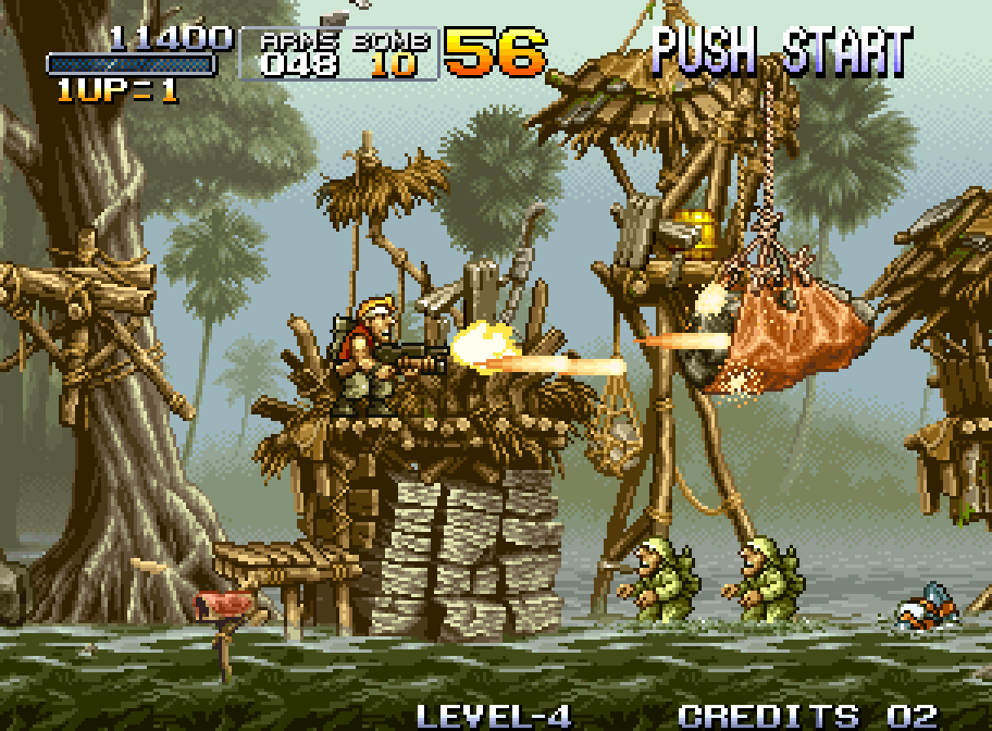 Marco shoots from a precarious village in the middle of the jungle in Metal Slug on Neo Geo