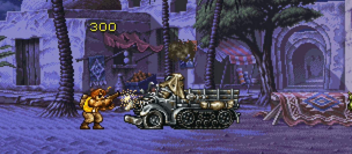 Marco fires at an enemy half-track in a night village in Metal Slug X on Neo Geo
