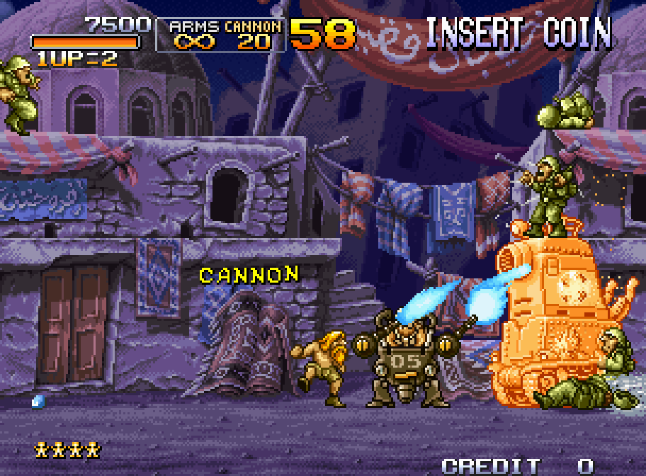 On board a Slug, Marco attacks an enemy tank in the streets of a city, at night, in Metal Slug X on the Neo Geo