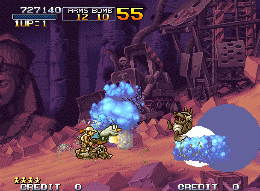 A soldier faces enemies in a purple cave in Metal Slug X on Neo Geo