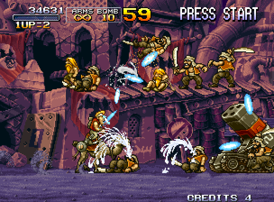 The soldiers repel armed rebels with swords in a hallway in Metal Slug X
