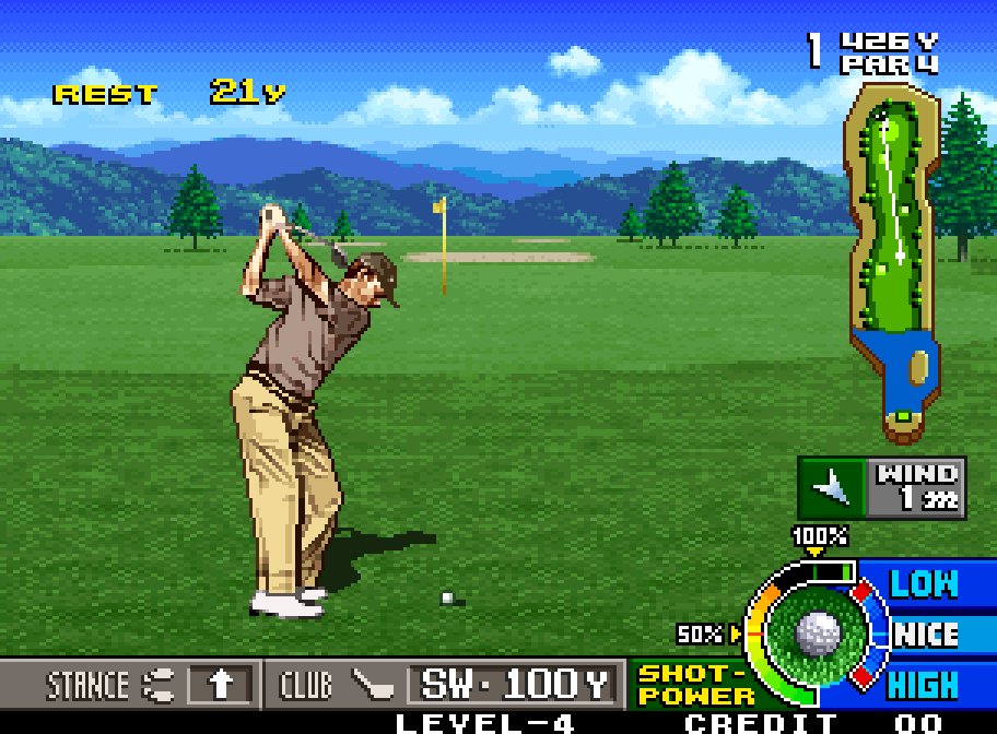 A golfer plays a chip shot towards the flag in Neo Turf Masters