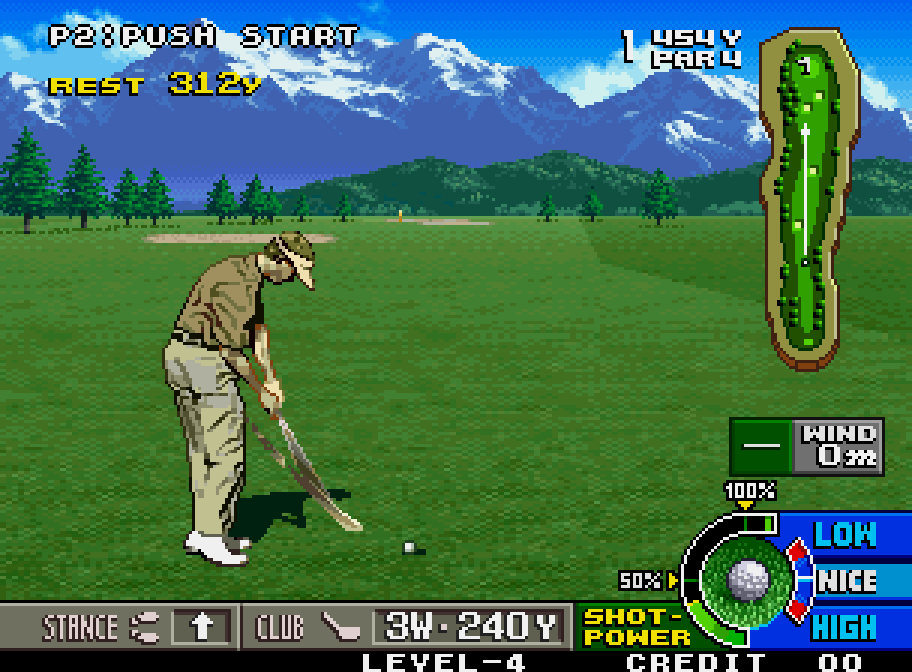 A golfer hits the ball on the green in Neo Turf Masters on Neo Geo