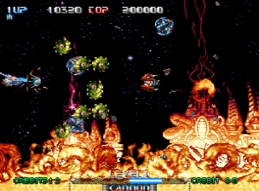 The ship crosses a level in flames in Pulstar on Neo Geo