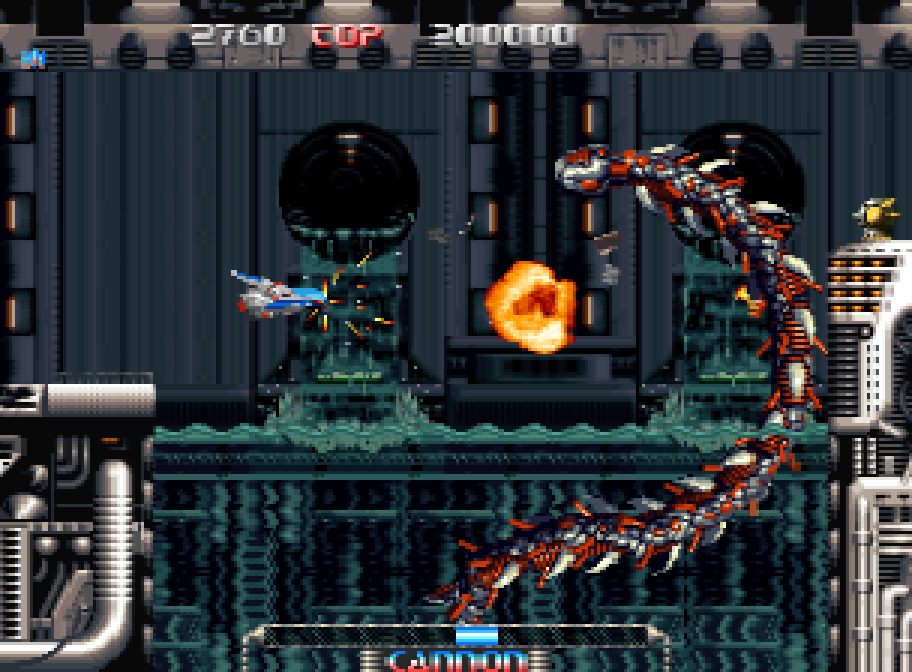 The ship faces a giant mechanical worm in Pulstar on Neo Geo