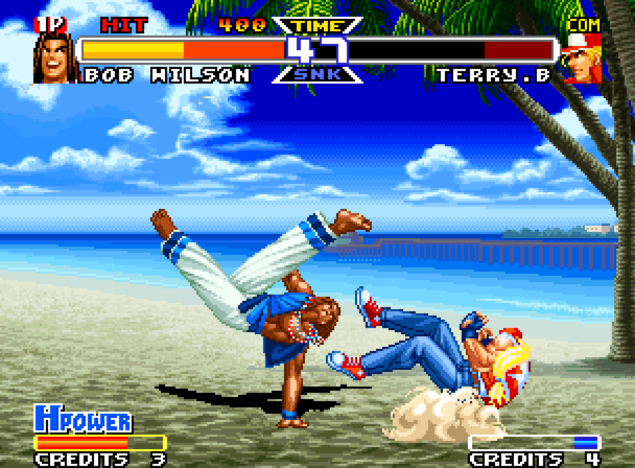 Bob Wilson faces Terry Bogard on a beach in Real Bout Fatal Fury Special