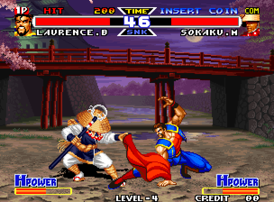 Lawrence Blood fights Sokaku in front of a red bridge in Real Bout Fatal Fury Special on Neo Geo