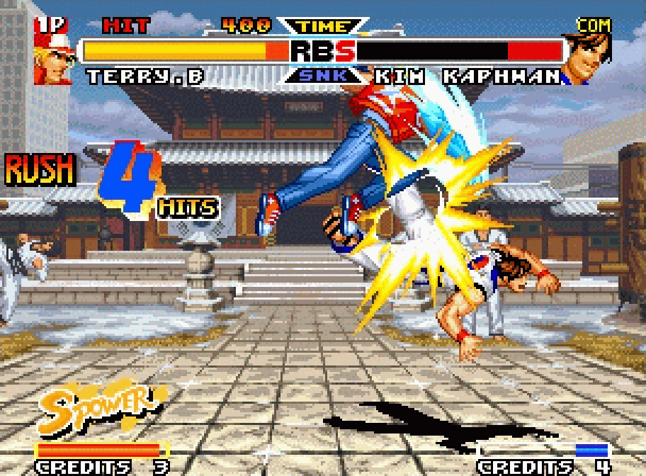 Terry Bogard performs a combo in front of a temple in Real Bout Fatal Fury Special on Neo Geo