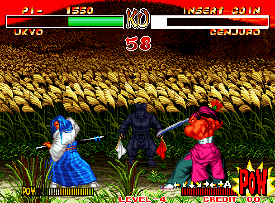 Ukyo and Genjuro clash swords in a golden field in Samurai Shodown II on the Neo Geo