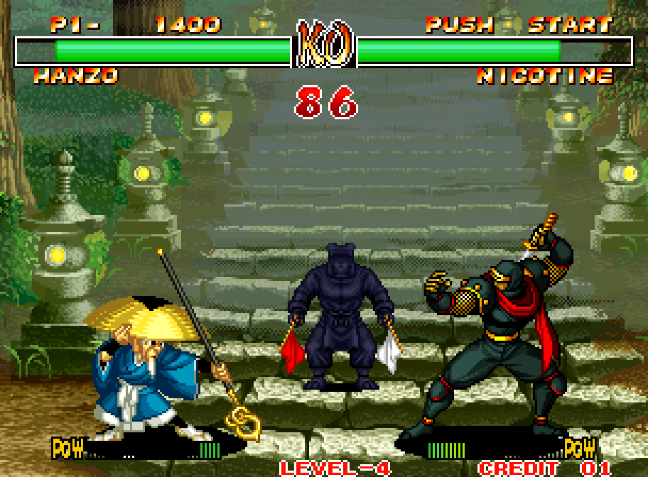 Hanzo faces Nicotine at the foot of a staircase lined with lanterns in Samurai Shodown II on the Neo Geo