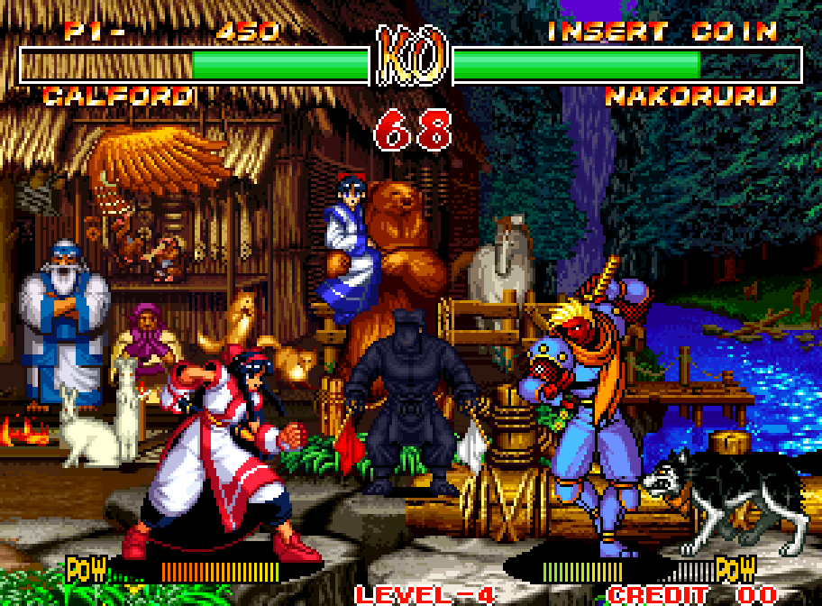 Nakoruru fights Galford in front of a lively village in Samurai Shodown II