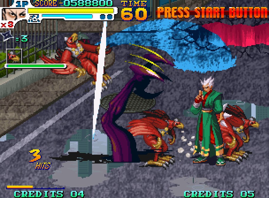 Fighting against a dragon demon in Sengoku 3 on Neo Geo