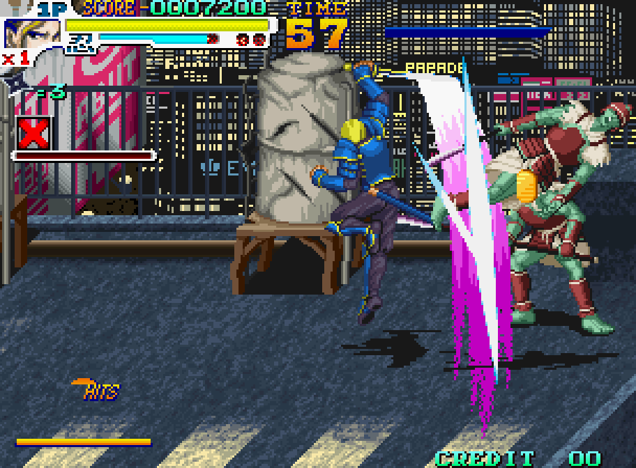 A ninja cuts down his enemies in a street in Sengoku 3 on Neo Geo