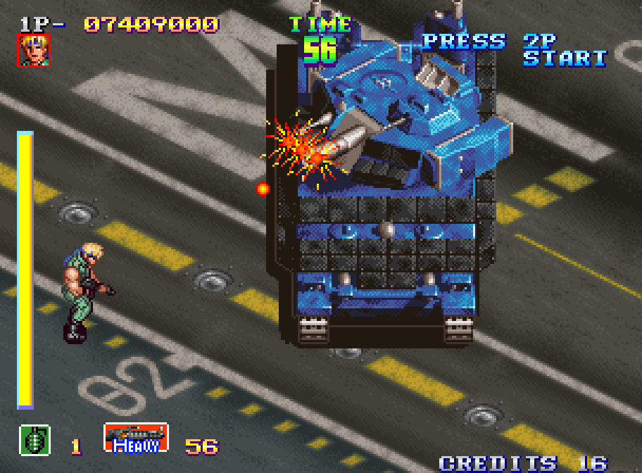 A commando attacks an armored convoy on a road in Shock Troopers on Neo Geo
