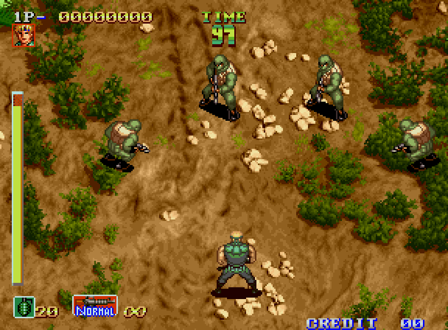 A commando advances in the jungle in order to take over in Shock Troopers on Neo Geo