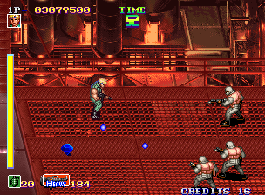 Gunfight in a red-floor factory in Shock Troopers