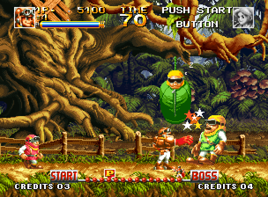 The hero delivers blows with his feet on a giant tree in Top Hunter on Neo Geo