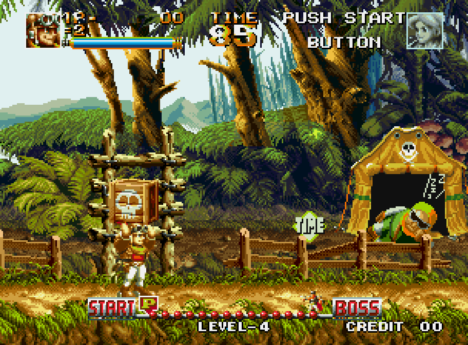 Roddy and Cathy fight in a colorful jungle in Top Hunter on Neo Geo