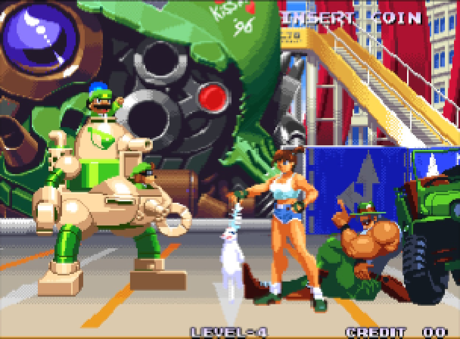 Fight in a colorful arena in Waku Waku 7 on Neo Geo