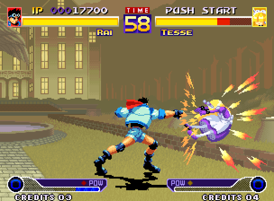 Two fighters clash in the night in Waku Waku 7 on Neo Geo