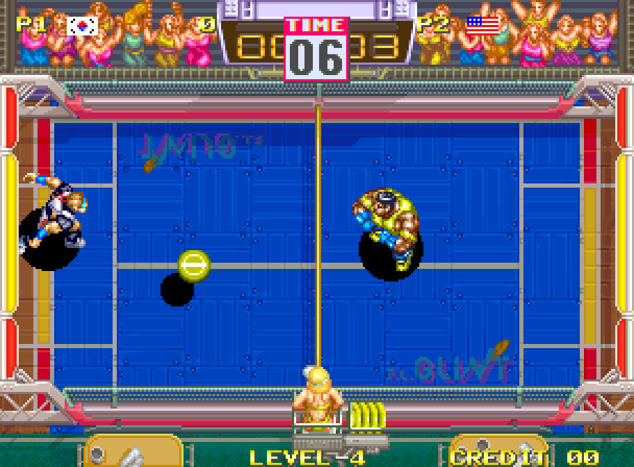 Frisbee game on a blue field in Windjammers on Neo Geo