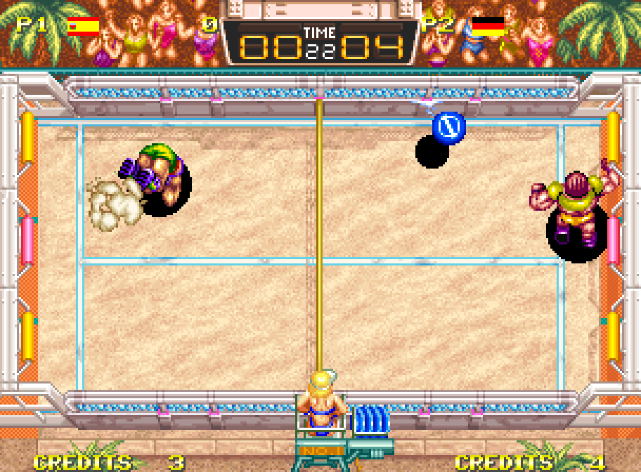 Frisbee game on a sand field in Windjammers on Neo Geo